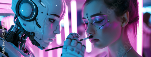 a futuristic robot applying makeup to a  woman
