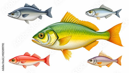 Set of beautifully colored fish isolated on white background.