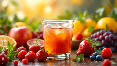 Fresh juice and fruits background.