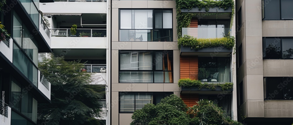 A facade of modern apartments features clean lines and greenery, blending urban living with nature’s touch. A facade of modern apartments features clean lines and greenery, blending urban living with nature’s touch.