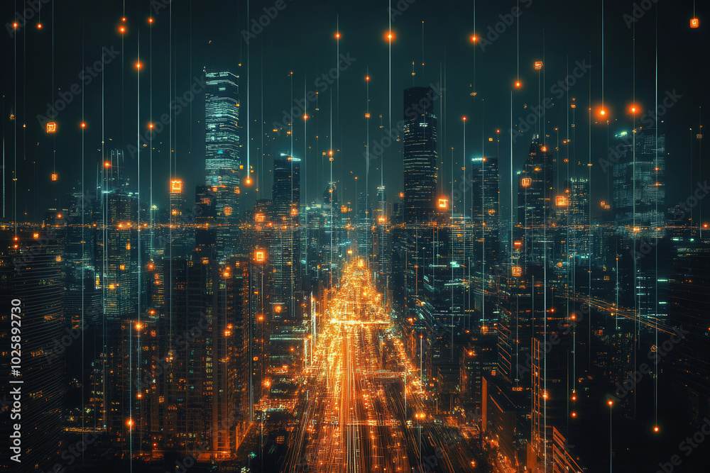 Fototapeta premium Futuristic City with Digital Network 