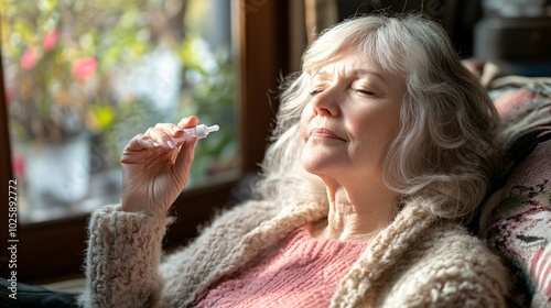 Senior woman applying eye drops for self-care in a sunlit bedroom at home Stock Photo with side copy space photo