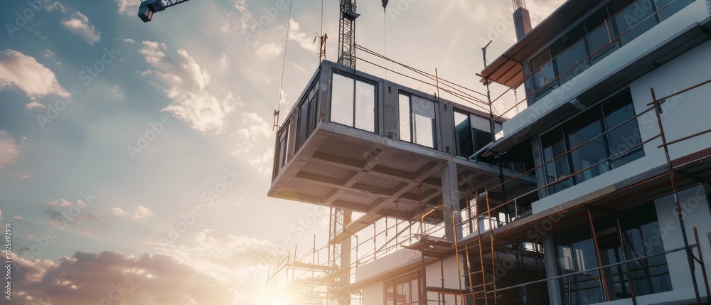 A construction site at sunset features a building framework with scaffolding, representing development and progress against a vibrant sky. A construction site at sunset features a building framework with scaffolding, representing development and progress against a vibrant sky.