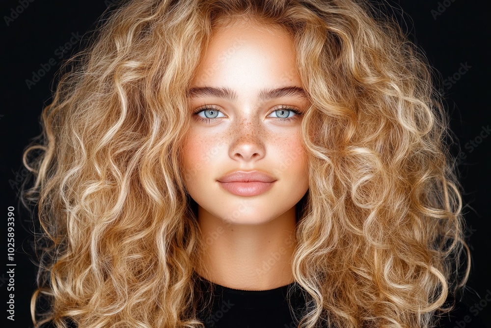 Woman with long blonde hair, blue eyes is standing in front of a black background. natural, relaxed expression on her face. portrait of beautiful woman with long curly blond hair on black background Woman with long blonde hair, blue eyes is standing in front of a black background. natural, relaxed expression on her face. portrait of beautiful woman with long curly blond hair on black background