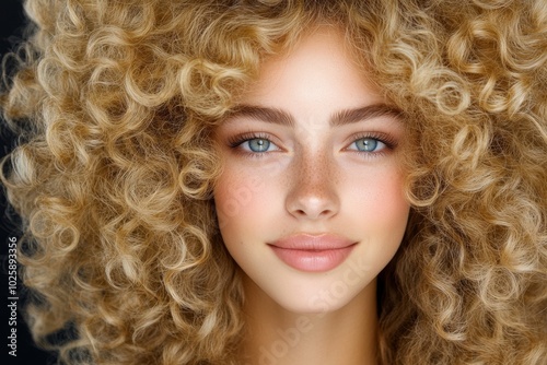 Wallpaper Mural Woman with long blonde hair, blue eyes is standing in front of a black background. natural, relaxed expression on her face. portrait of beautiful woman with long curly blond hair on black background Torontodigital.ca