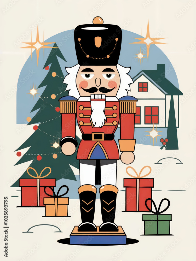 Festive Nutcracker Soldier Standing Cheerfully Amid Christmas Scenery