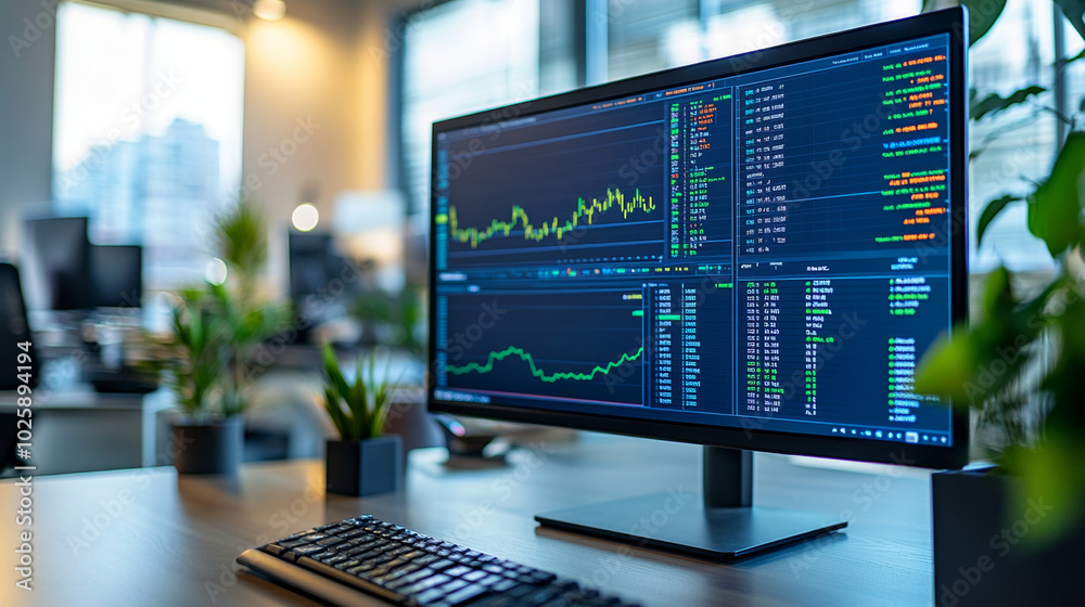 The computer screen displays stock information The computer screen displays stock information