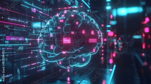 A futuristic digital brain composed of neon-lit nodes and connecting pathways, each node linked to icons or data points, symbolizing the efficiency of AI-driven search technology. 