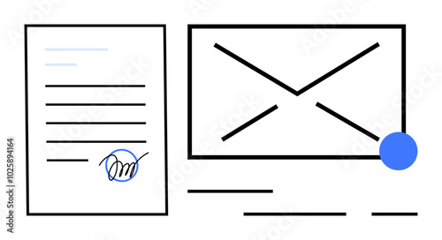 A document with a signature and an envelope with a notification dot. Ideal for digital communication, email services, contract signing, online correspondence, and office productivity. Simple graphic