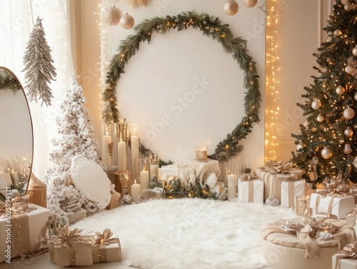 a high quality image of a blank Christmas party welcome sign surrounded by neutral décor