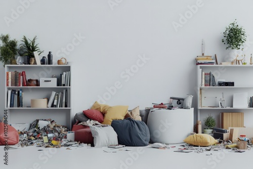 8k, hyper quality, high quality for advertisement, 3D render mockup, a minimalism and elegant advertisment poster of (((a super messy living room)), white wall.