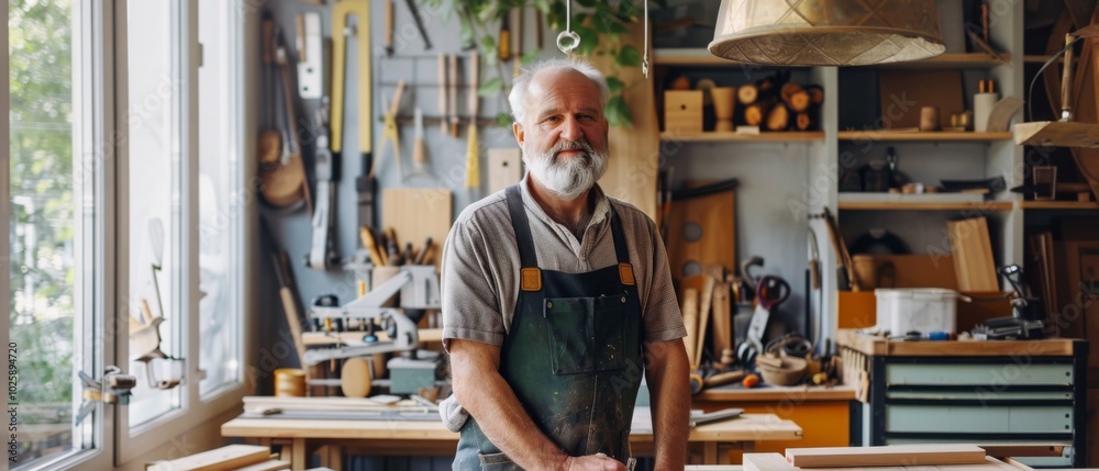 A bearded craftsman stands proudly in his workshop, surrounded by woodworking tools, bathed in soft natural light. A bearded craftsman stands proudly in his workshop, surrounded by woodworking tools, bathed in soft natural light.