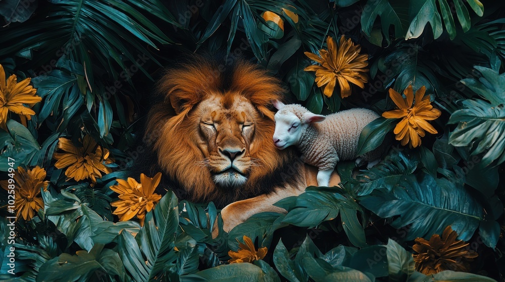 A lion and a lamb are lying in a jungle A lion and a lamb are lying in a jungle