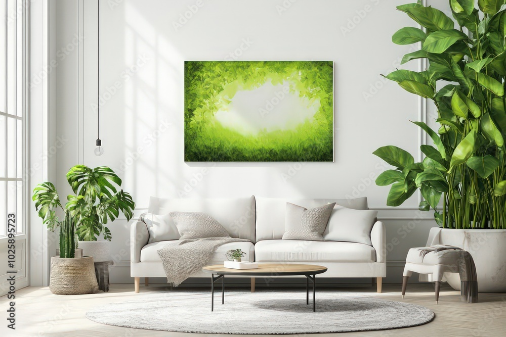 A modern living room with minimalist furniture, a cozy sofa, a coffee table, and indoor plants, featuring a large white wall with a plain hanging canvas A modern living room with minimalist furniture, a cozy sofa, a coffee table, and indoor plants, featuring a large white wall with a plain hanging canvas