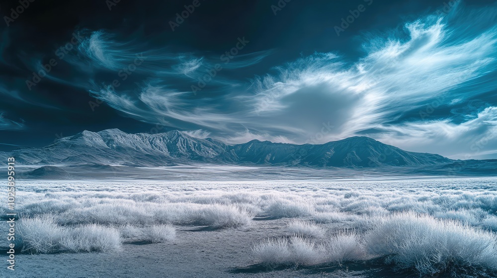 Fototapeta premium A distant desert mirage in infrared, with glowing white heat waves blurring the horizon under the darkened, surreal sky