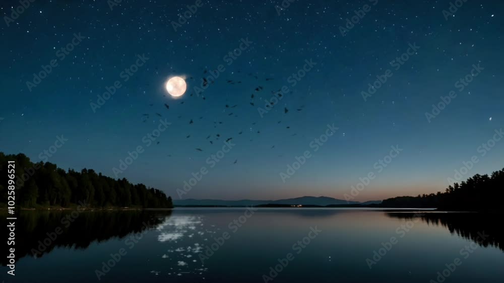 A full moon reflecting on a calm lake beneath a starry night sky, peaceful nature scene.
A full moon reflecting on a calm lake beneath a starry night sky, peaceful nature scene.