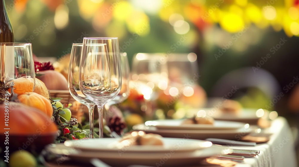 Naklejka premium thanksgiving concept dining table with blurry background some people are standing in a blurry garden