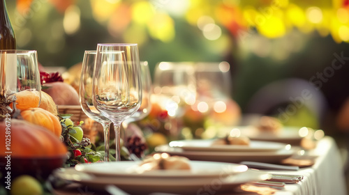 thanksgiving concept dining table with blurry background some people are standing in a blurry garden