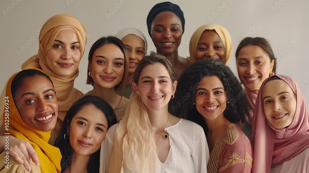 Obraz premium Group of Women of Various Ages and Ethnicities Smiling Together, Group Portrait, Diversity, Unity