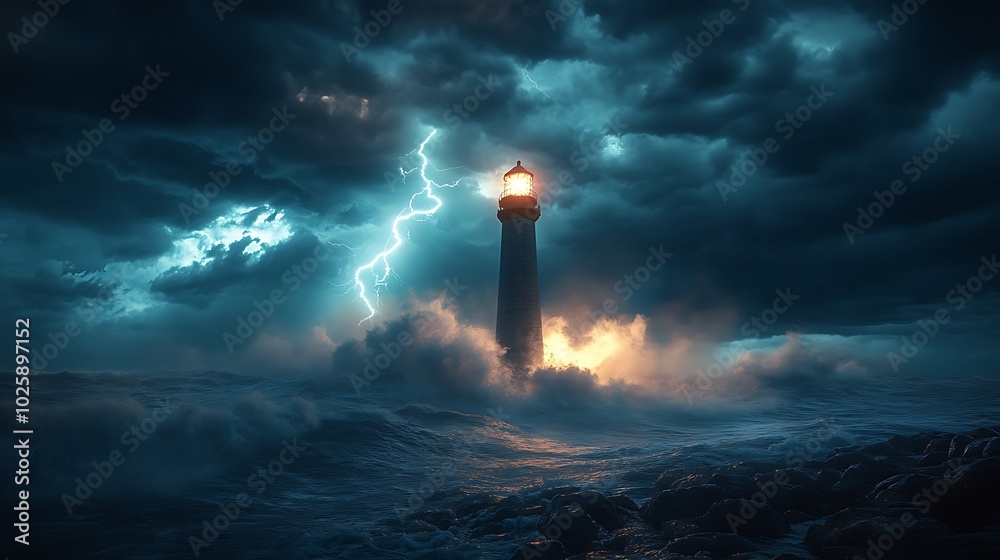 A dramatic lightning strike near a tall lighthouse during a violent storm, with the flash illuminating dark clouds and rain pouring down heavily. A dramatic lightning strike near a tall lighthouse during a violent storm, with the flash illuminating dark clouds and rain pouring down heavily.