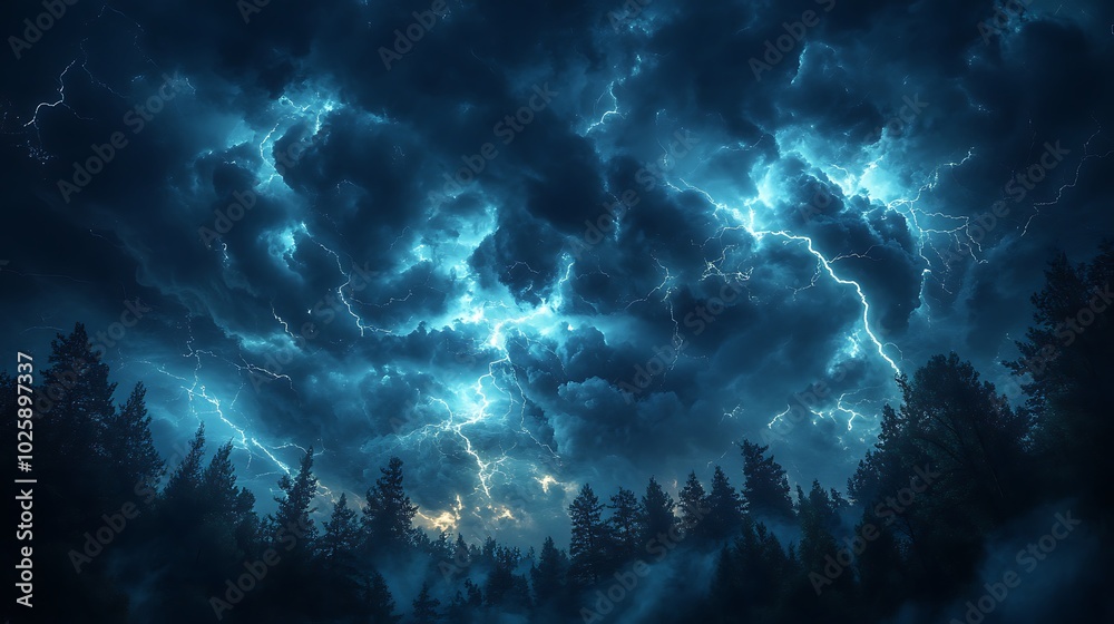 A dramatic nighttime storm with numerous lightning bolts spreading across the sky, creating bright flashes that cast light on the silhouette of a dense forest. The sky is filled with swirling clouds, A dramatic nighttime storm with numerous lightning bolts spreading across the sky, creating bright flashes that cast light on the silhouette of a dense forest. The sky is filled with swirling clouds,