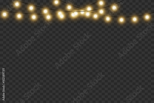 Christmas glowing garland. Light bulb and glare. On a transparent background.