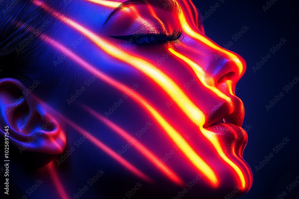 Woman face with neon lines. Woman face with neon lines.