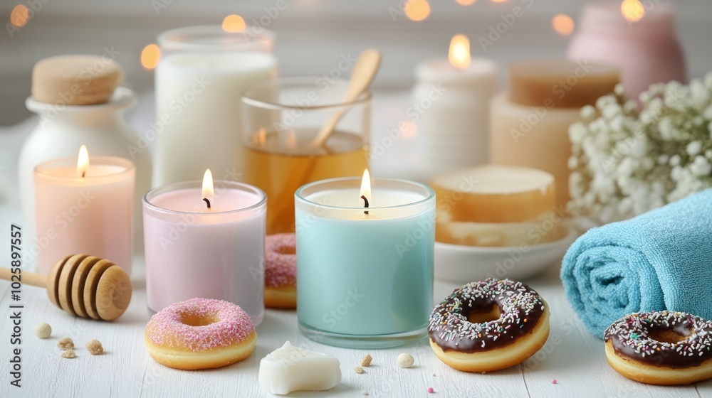 Spa setting with candles, donuts, honey, and towel. Spa setting with candles, donuts, honey, and towel.