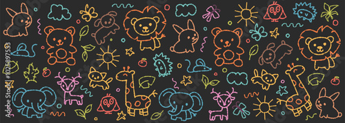 Kids chalk crayon background. Hand-drawn child elements: sun, animals, clouds, lion, giraffe, elephant. Children scribble. Vector illustration isolated on black chalkboard background