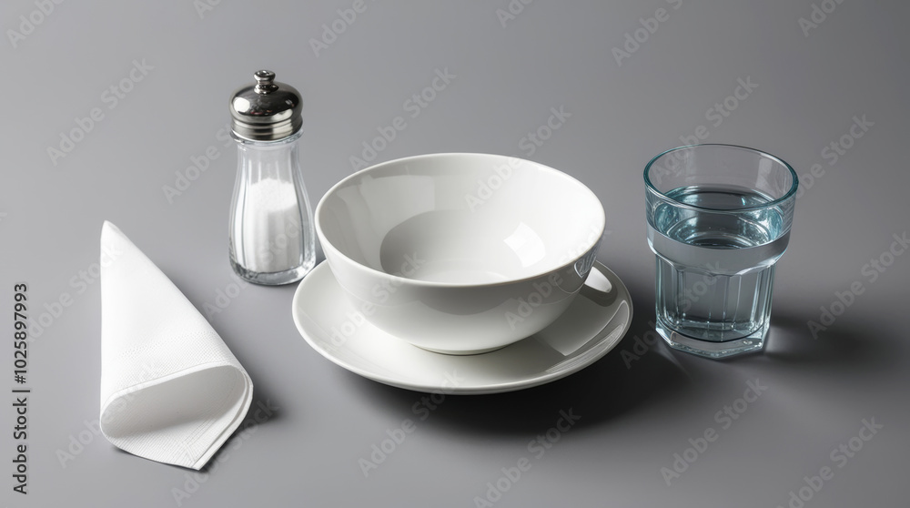 Simple white bowl on a gray background with a salt shaker, glass of water, and white napkin Simple white bowl on a gray background with a salt shaker, glass of water, and white napkin
