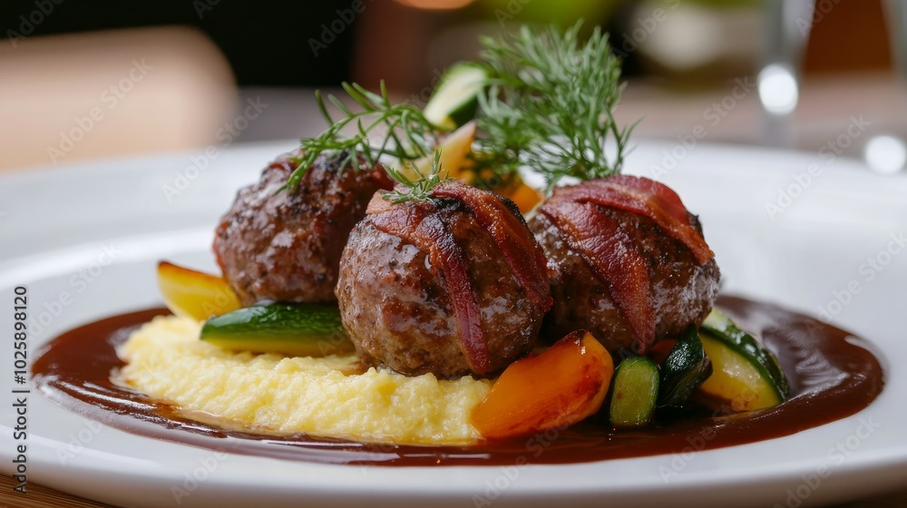Three bacon-wrapped meatballs with mashed potatoes, gravy, and vegetables on a white plate. Three bacon-wrapped meatballs with mashed potatoes, gravy, and vegetables on a white plate.