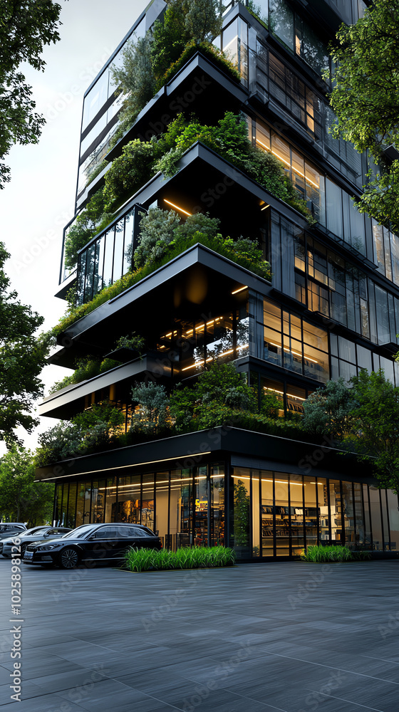 Modern building with greenery, urban setting Modern building with greenery, urban setting
