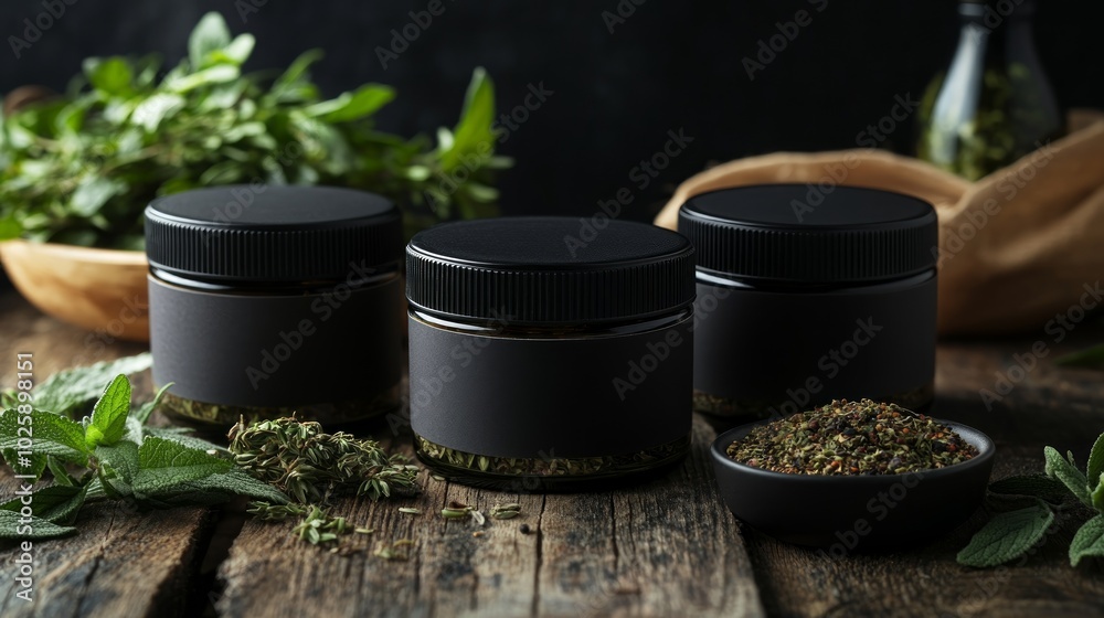 Three black jars with blank labels on wooden table with herbs and spices around them. Three black jars with blank labels on wooden table with herbs and spices around them.