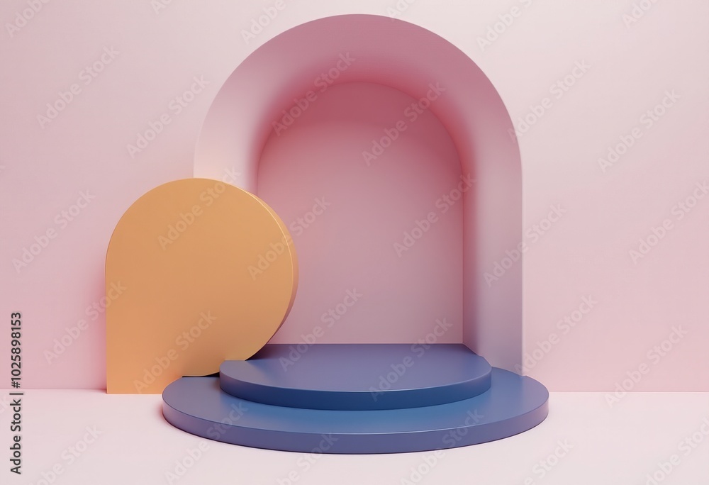 Elegant 3D Geometric Composition with Soft Pastel Circular Shapes and a Striking Blue Archway for Contemporary Displays Elegant 3D Geometric Composition with Soft Pastel Circular Shapes and a Striking Blue Archway for Contemporary Displays