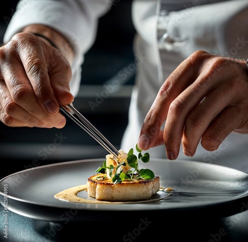 haute cuisine chef plating with tongs. gourmet concept cuisine.