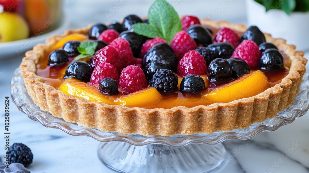 Fresh Fruit Tart with Berries and Peaches on Display Fresh Fruit Tart with Berries and Peaches on Display