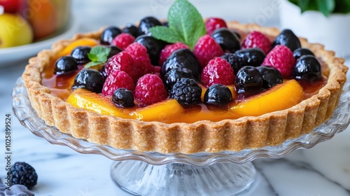 Fresh Fruit Tart with Berries and Peaches on Display