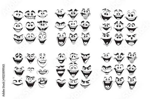 Funny face vector silhouette, cartoon mascot characters funny faces 50s 60s old animation eyes and mouths elements