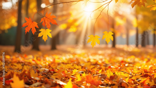 Serene Autumn Landscape Forest Floor Blanketed with Vibrant Orange and Yellow Leaves, Sunlit Maple Leaves in Foreground, and Softly Blurred Background Creating a Warm, Tranquil Atmosphere photo