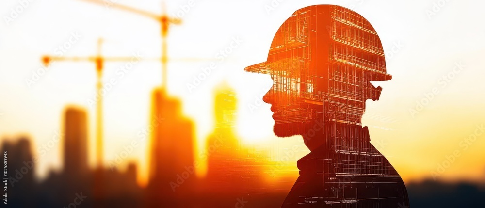 Construction worker in a hard hat with a double exposure of a building site, cranes, and blueprints Warm lighting, midangle shot, sharp detail for banner applications Construction worker in a hard hat with a double exposure of a building site, cranes, and blueprints Warm lighting, midangle shot, sharp detail for banner applications