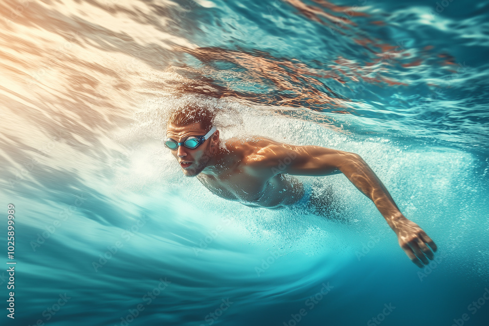 Naklejka premium A man is swimming in the ocean wearing goggles