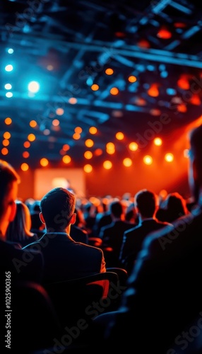 Rear view of attendees at a corporate conference, listening attentively to a speaker on stage Clear lighting, wideangle shot, modern hall with professional ambiance