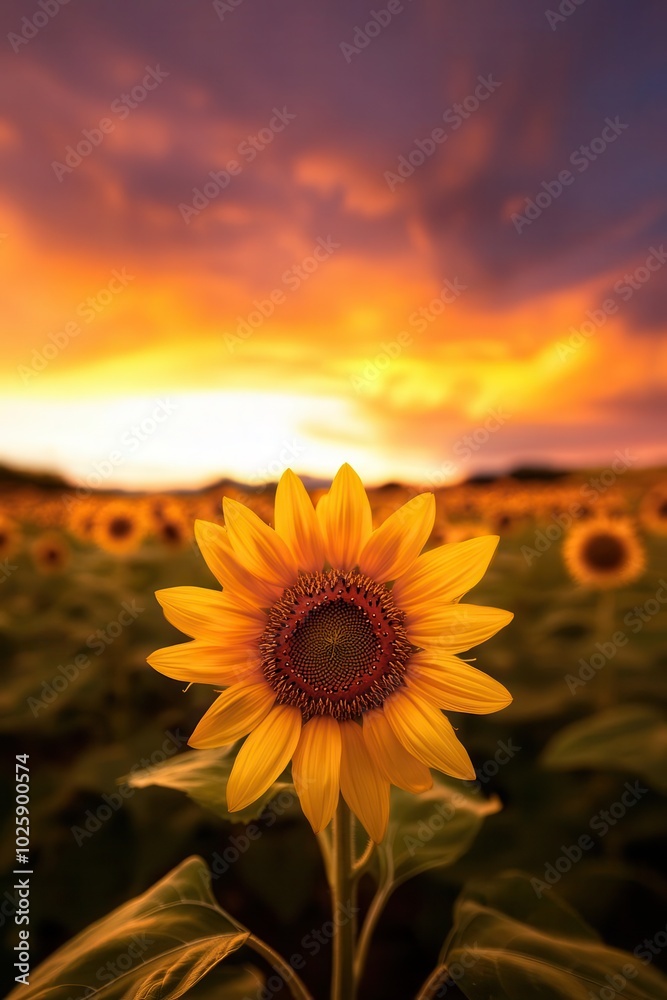 Fototapeta premium Sunflower field bathed in golden sunset light, with a dramatic sky painted in shades of orange and purple Wideangle view capturing the beauty of nature, tranquil setting