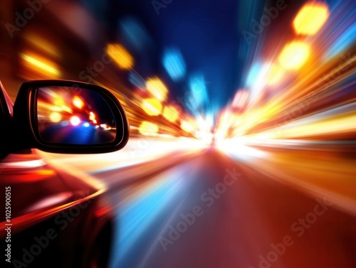 Sideangle shot of a futuristic car zooming through a neonlit city highway, with blue glowing streets and AIgenerated architecture Cyberpunk vibe, vibrant colors, fastpaced energy photo