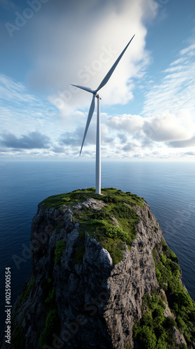 Wind turbine on a rocky cliff overlooking ocean