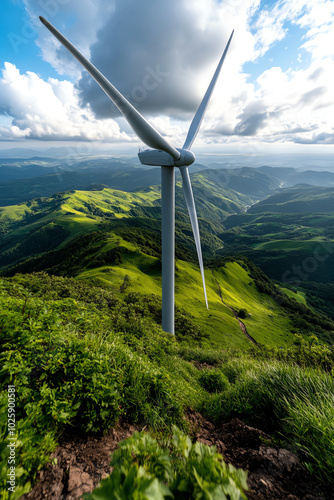 Wind turbine on green hillside landscape