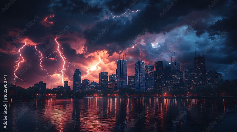 A dramatic view of a city skyline under a dark stormy sky, with multiple lightning bolts striking tall skyscrapers in the distance. The storm clouds swirl above, casting deep shadows over the city, A dramatic view of a city skyline under a dark stormy sky, with multiple lightning bolts striking tall skyscrapers in the distance. The storm clouds swirl above, casting deep shadows over the city,