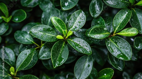 Fresh Green Leaves with Water Drops on Surface