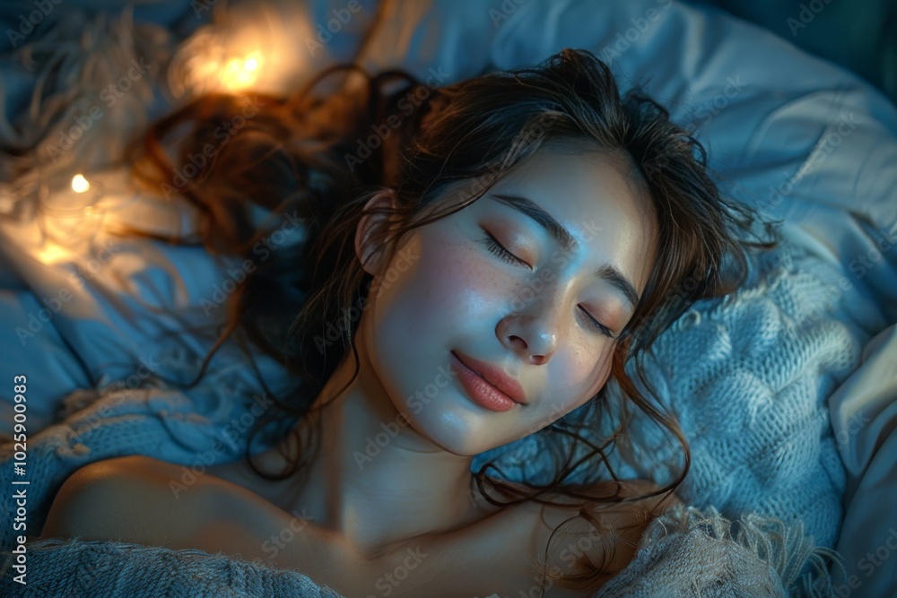 Beautiful young woman resting in bed at night with her smartphone still active beside her Beautiful young woman resting in bed at night with her smartphone still active beside her