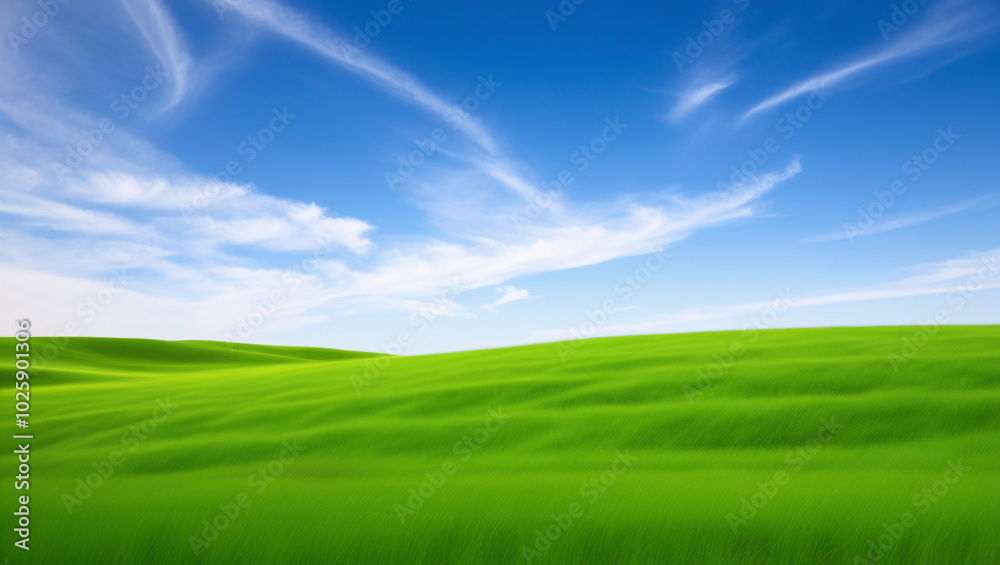 Serene Landscape of Rolling Green Hills Under a Clear Blue Sky with Soft White Clouds, Evoking Tranquility and Natural Beauty in a Peaceful Setting Serene Landscape of Rolling Green Hills Under a Clear Blue Sky with Soft White Clouds, Evoking Tranquility and Natural Beauty in a Peaceful Setting